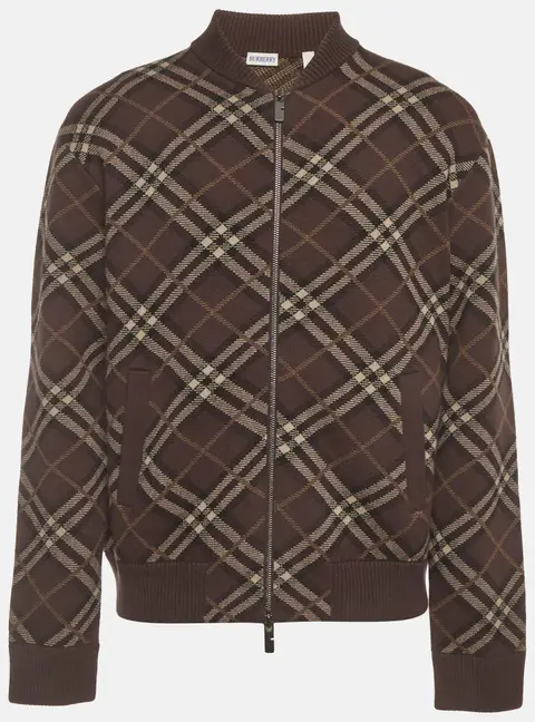 Burberry Truffle Brown Check Cashmere Blend Knit Zip-Up Bomber Jacket L