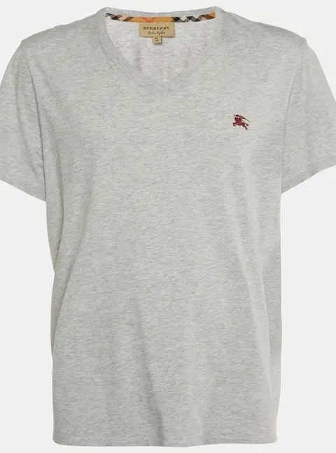Burberry Grey Cotton V-Neck T-Shirt XXL