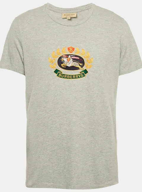 Burberry Grey Logo Embroidered Jersey T-Shirt L