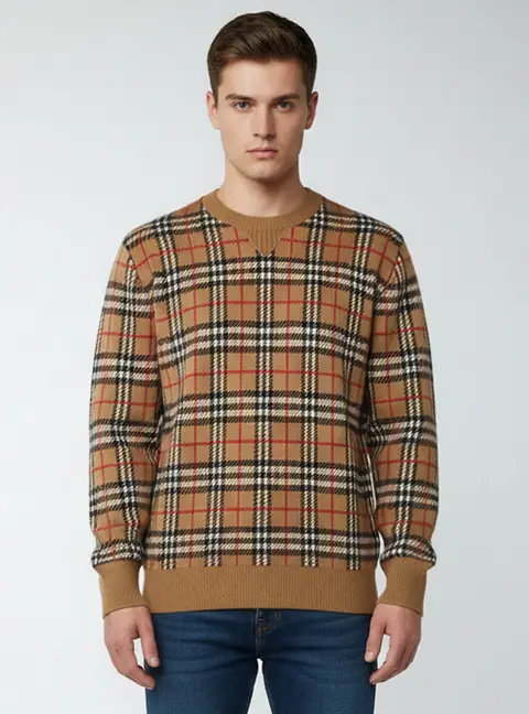 Burberry Beige Checked Cashmere Knit Crew Neck Sweater XL