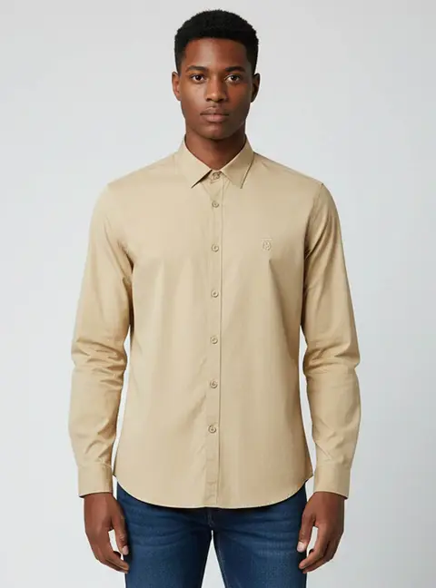 Burberry Beige Logo Embroidered Cotton Long Sleeve Shirt XXL