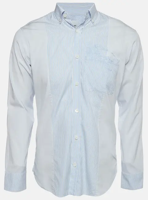 Burberry Blue Striped Logo Embroidered Poplin Slim Fit Shirt S