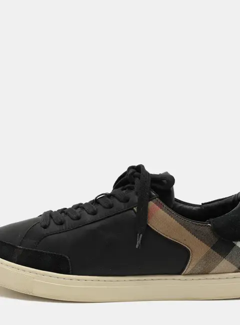 Burberry Black/Beige Leather and House Check Canvas Low Top Sneakers Size 43