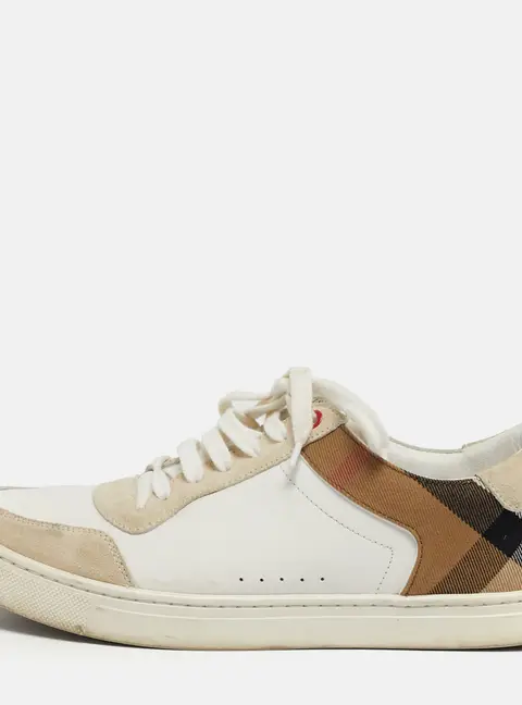 Burberry Check Size 42 White/Grey Canvas and Leather Lace Up Sneakers