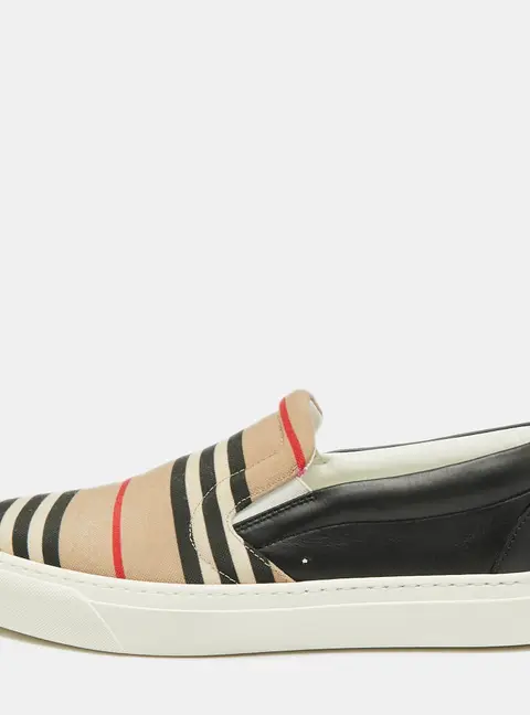 Burberry Size 40 Beige/Black Stripe Canvas and Leather Slip On Sneakers