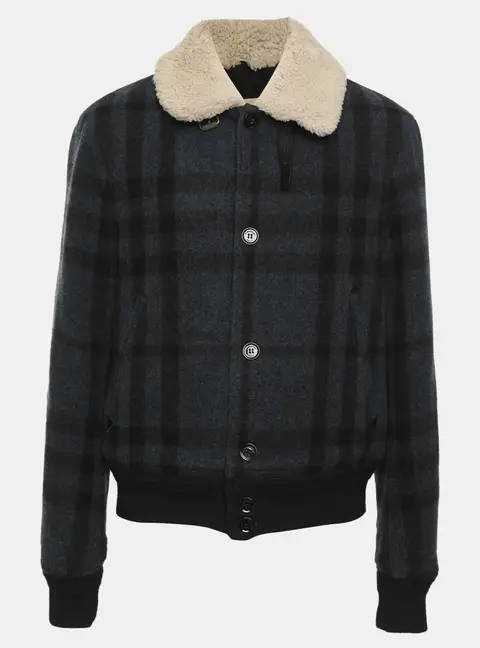 Burberry Brit Blue Tartan Print Cotton and Wool Shearling Collar Jacket M