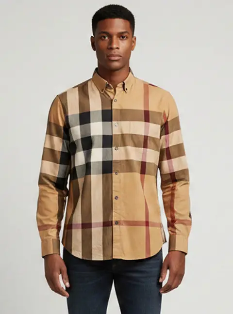 Burberry Brit Beige Checked Cotton Button Down Shirt L
