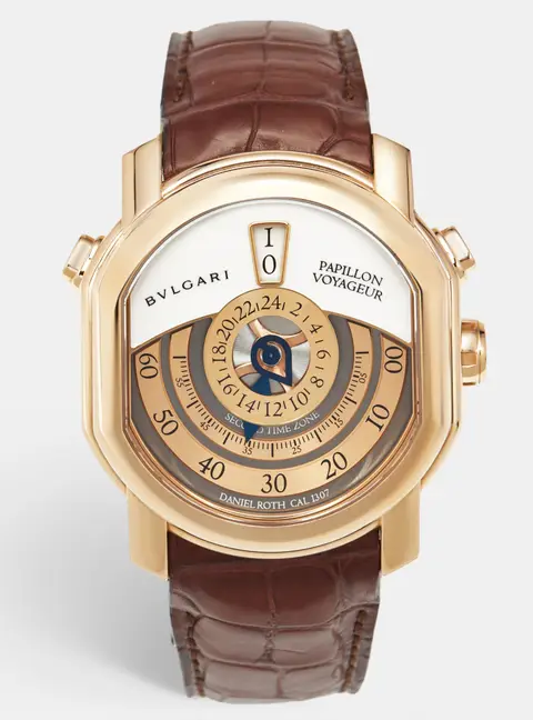 Bvlgari Daniel Roth Papillon Voyageur Limited Edition GMT 101835 White Dial 18K Rose Gold Alligator Leather Men's Wristwatch 43 mm