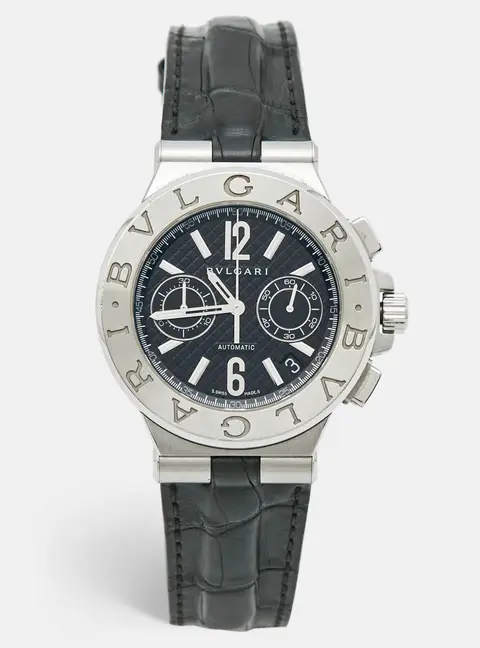 Bvlgari Diagono DG40SCH Black Dial Stainless Steel Alligator Leather Men's Wristwatch 40 mm