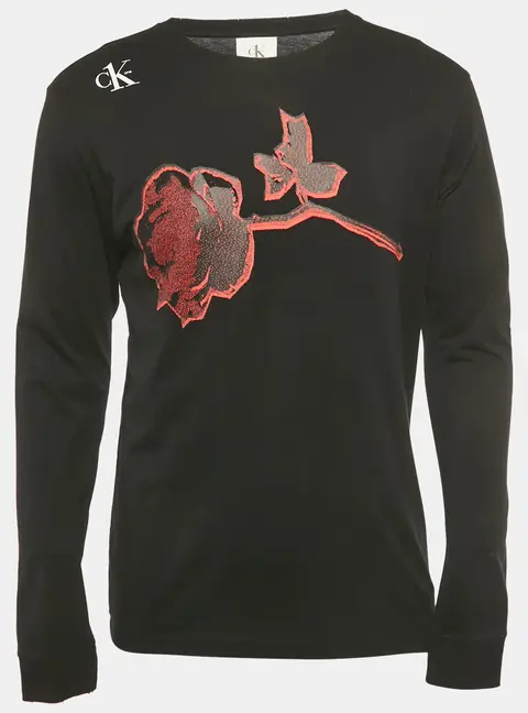 Calvin Klein CKone Black Rose Print Jersey Distressed T-Shirt XS