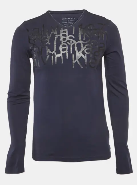 Calvin Klein Navy Blue Printed Jersey V-Neck T-Shirt S