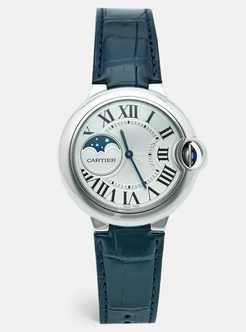 Cartier Ballon Bleu Moonphase WSBB0029 Silver Dial Stainless Steel Alligator Leather Men's Wristwatch 37.50 mm