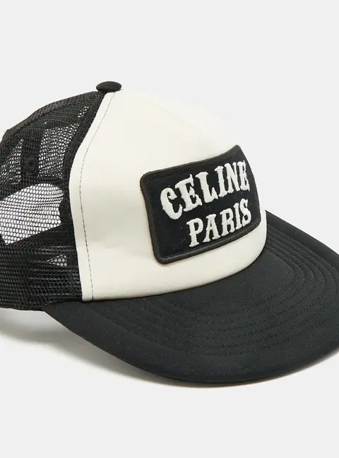 Celine Black/Off White Logo Applique Cotton Canvas and Mesh Trucker Cap S