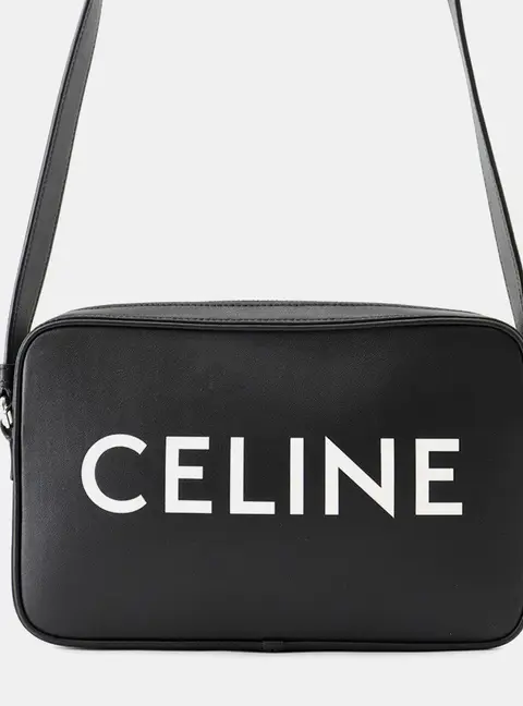 Celine Logo Messenger Bag Black Leather