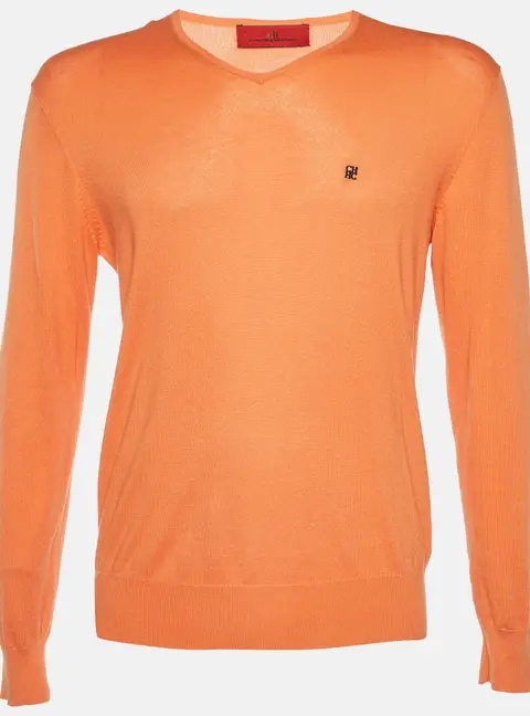 CH Carolina Herrera Orange Cotton Knit V-Neck Sweater S