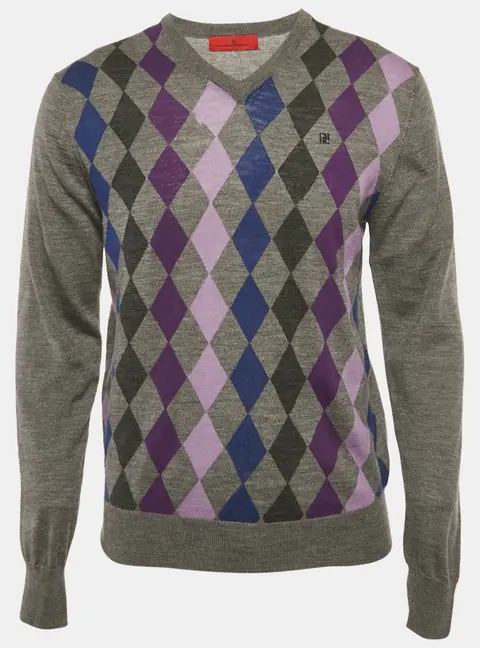 CH Carolina Herrera Grey Argyle Wool V-Neck Sweater M