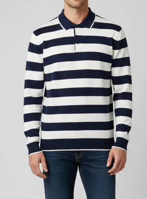 CH Carolina Herrera Navy Blue & White Stripe Pique Cotton Polo T-Shirt L