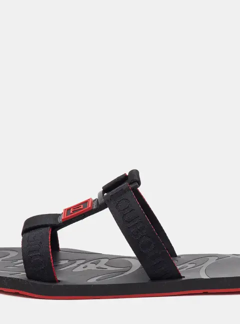 Christian Louboutin Surf Flat Size 43 Black/Red Fabric Logo Strap Slide Sandals