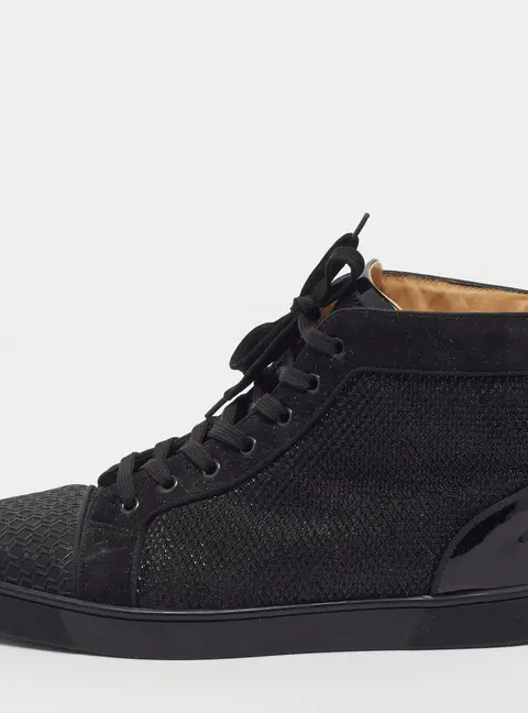 Christian Louboutin Louis Junior Size 45 Black Mesh and Suede High Top Sneakers
