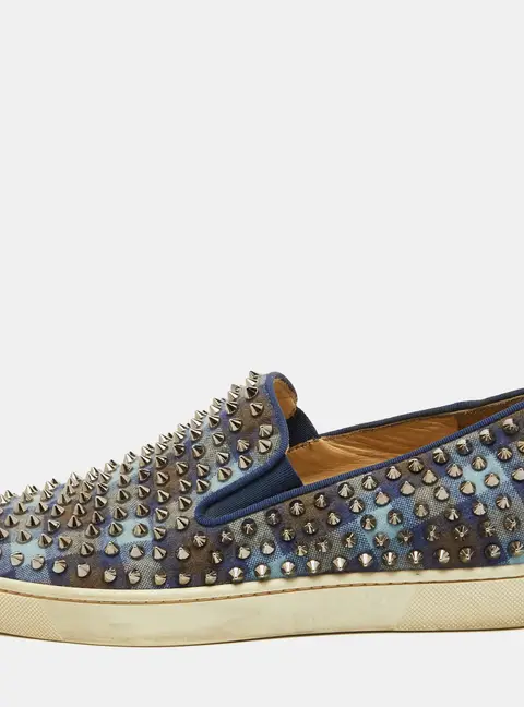 Christian Louboutin Blue Check Canvas Dandelion Spike Slip On Sneakers Size 41