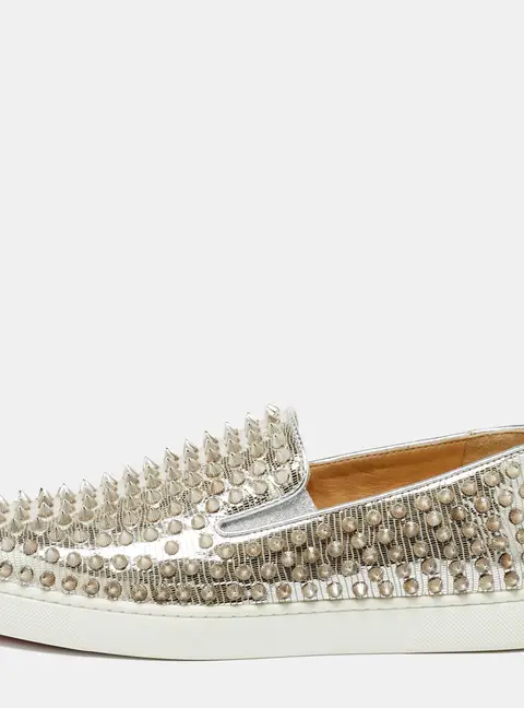 Christian Louboutin Metallic Silver Leather Roller Boat Slip On Sneakers Size 40