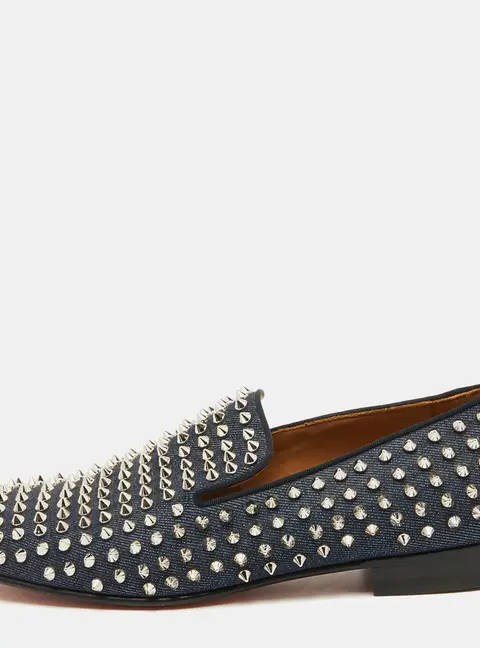 Christian Louboutin Navy Blue Fabric Dandelion Spikes Smoking Slippers Size 41