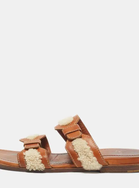 Christian Louboutin Brown Leather and Shearling Double Strap Flat Sandals Size 43
