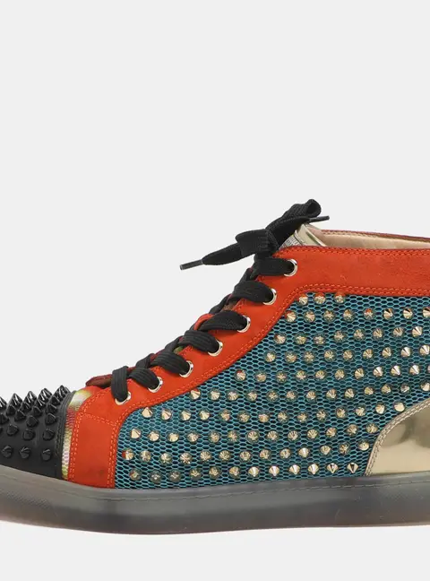 Christian Louboutin Lou Spikes Orlato Size 42.5 Multicolor Mesh and Suede High Top Sneakers