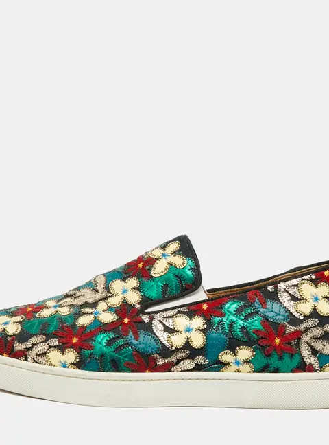 Christian Louboutin Size 42.5 Multicolor Canvas And Patent Leather Floral Applique Slip On Sneakers