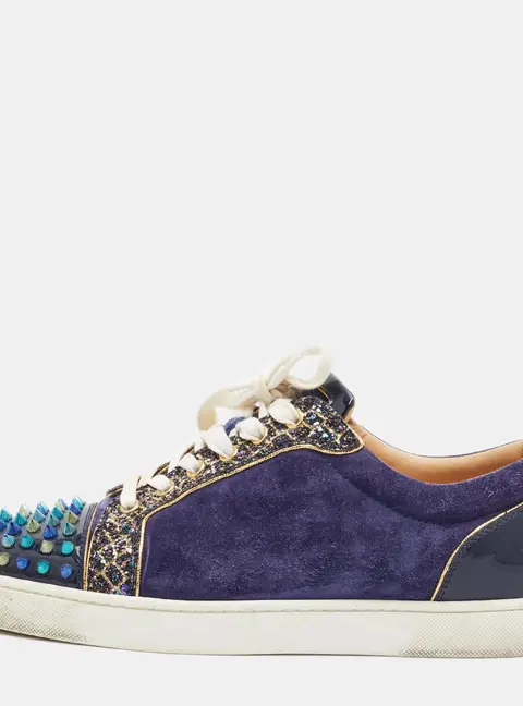Christian Louboutin Louis Junior Spikes Size 42.5 Navy Blue Patent Leather and Suede Low Top Sneakers
