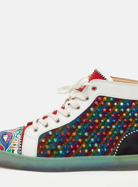 Christian Louboutin Spikes Size 44 Multicolor Leather, Lurex Fabric and Suede High Top Sneakers