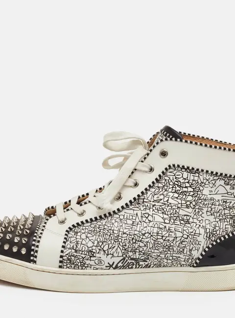 Christian Louboutin Rantus Orlato Size 44.5 White/Black Graffiti Leather and Patent High Top Sneakers