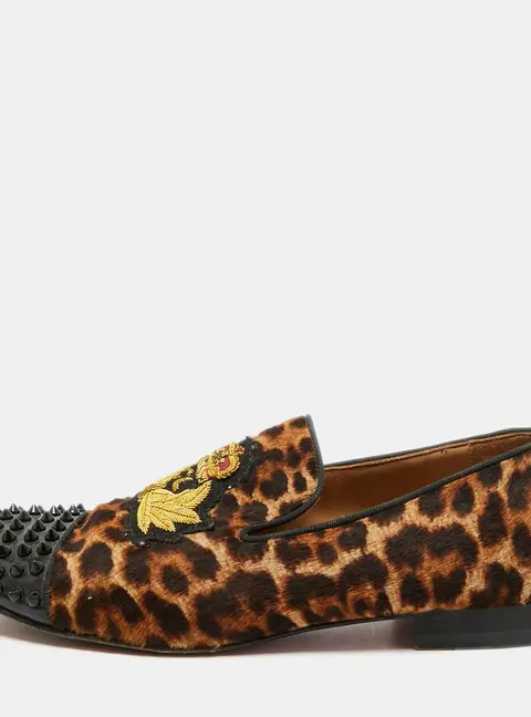 Christian Louboutin Nanou Crest Size 42 Black/Brown Calf Hair and Patent Leather Smoking Slippers