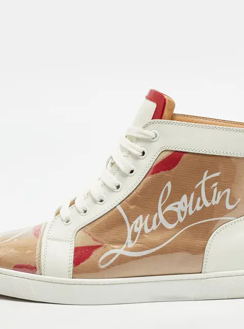 Christian Louboutin 2018 Louis Flat "Loubi Kraft" Size 41 Transparent/White Leather and PVC High Top Sneakers