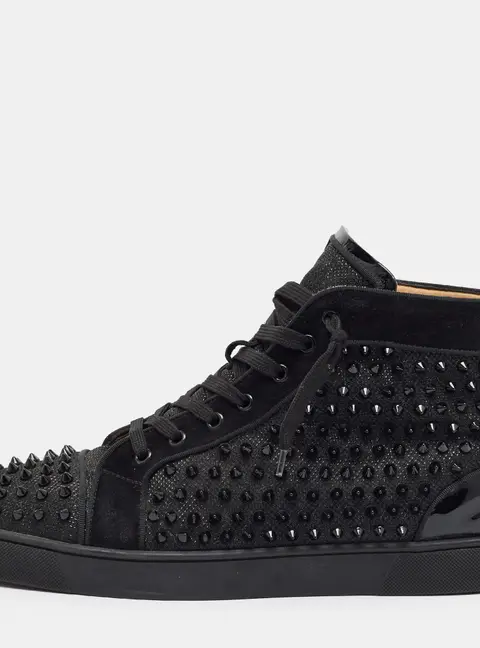 Christian Louboutin Louis Spikes Size 47 Black Glitter and Suede High Top Sneakers
