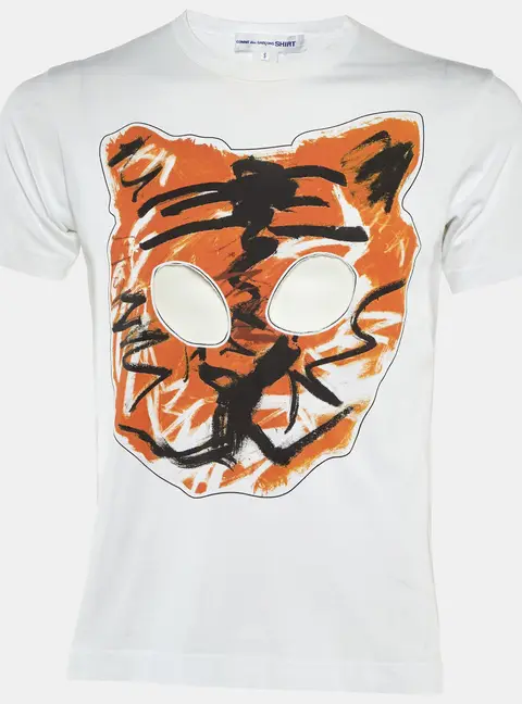 Comme des Garcons White Tiger Printed Cotton Knit Cutout Detail T-Shirt S