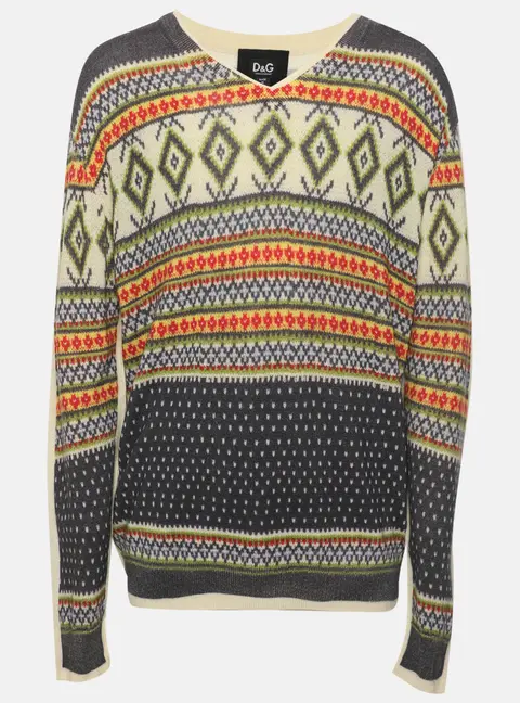 D&G Multicolor Printed Wool Nordic Inspired Patterned Sweater XXL