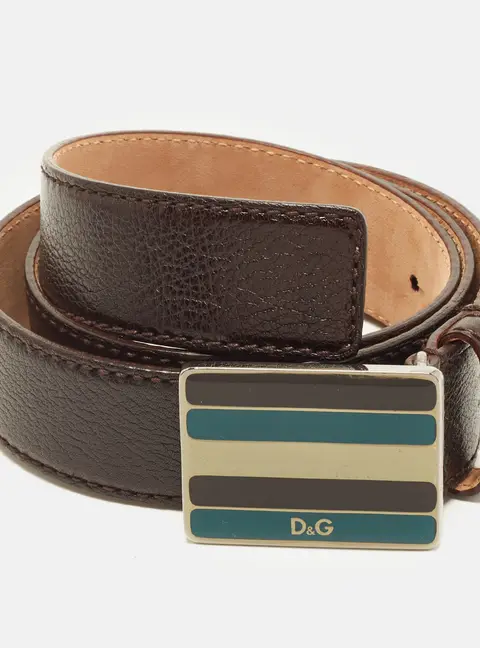 D&G Logo Plaque 85 CM Buckle Belt Dark Brown Leather