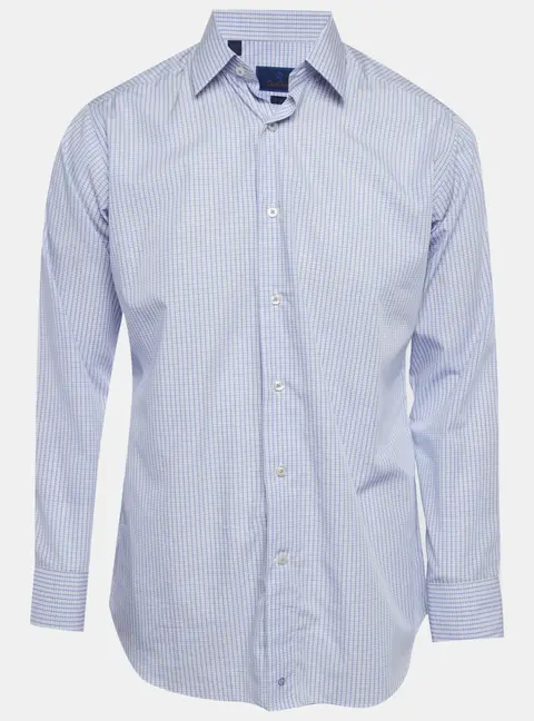 David Donahue Blue Cotton Poplin Plaid Button Down Dress Shirt L