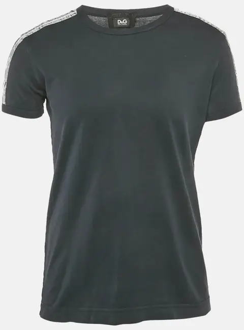 D&G  Navy Blue Cotton Striped Band Trim Detail Cotton T-Shirt L