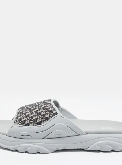 Dior H-Town Size 45 Grey/Navy Blue Oblique Canvas and Rubber Slide Sandals