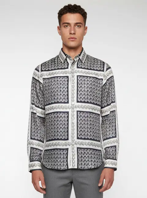 Dior Grey Printed Silk Long Sleeve Shirt M