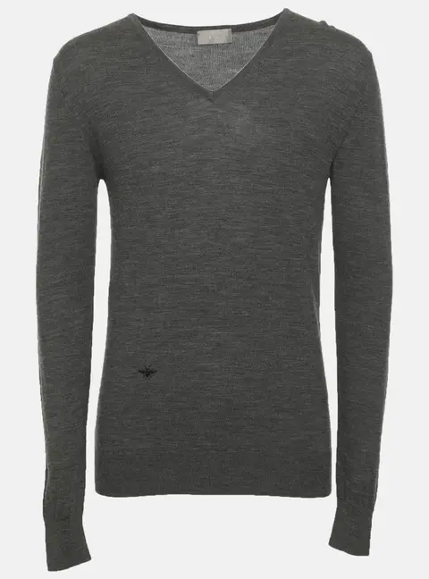 Dior Grey Wool Bee Embroidered V-Neck Sweater S