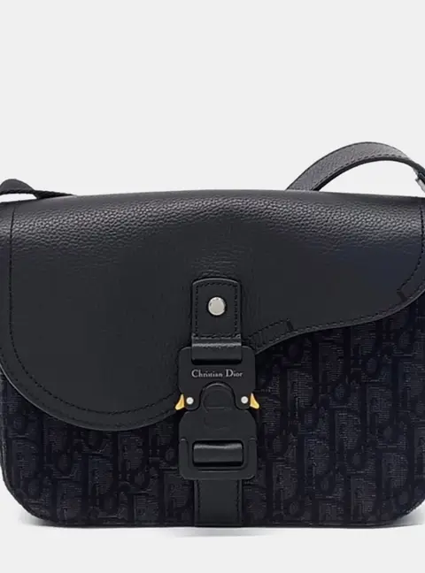 Dior Black Navy Blue Coated Canvas and Leather Oblique Saddle Messenger Bag