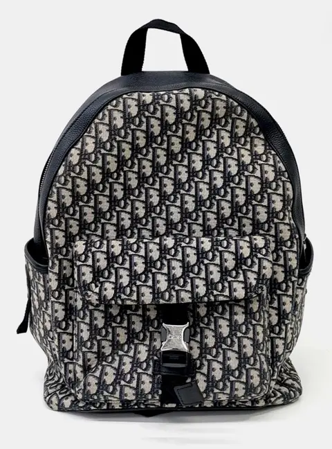 Dior Homme Oblique Backpack Black Blue Grained Calfskin Leather Oblique Canvas Backpack Bag