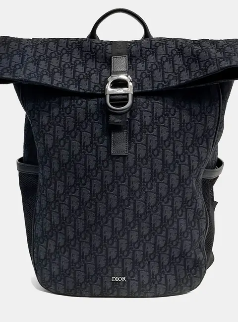 Dior Roll-Top Backpack Navy Blue Oblique Canvas Backpack Bag