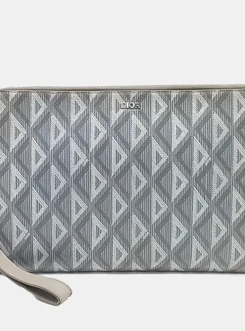 Dior CD Diamond Grey Canvas Calfskin Leather Clutch Bag
