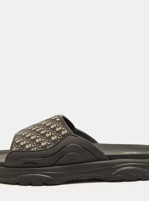 Dior H-Town Size 43 Beige/Black Oblique Jacquard and Rubber Flat Slide
