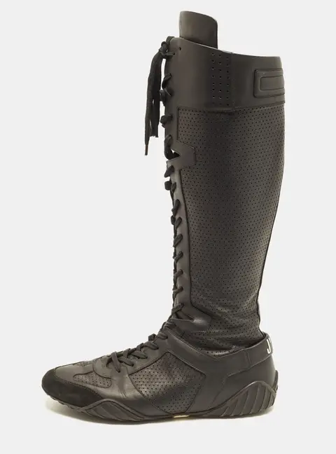 Dior D-Fence Size 41 Black Perforated Leather Knee-High Boxing Boots