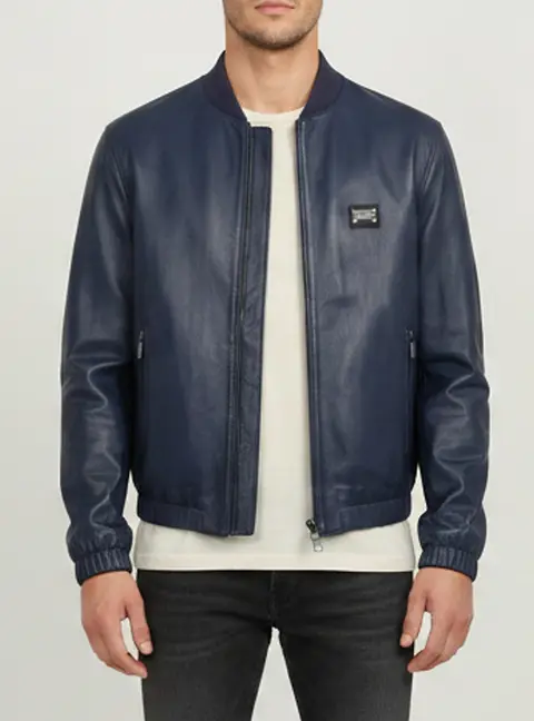 Dolce & Gabbana Blue Lambskin LeatherBomber Jacket XL